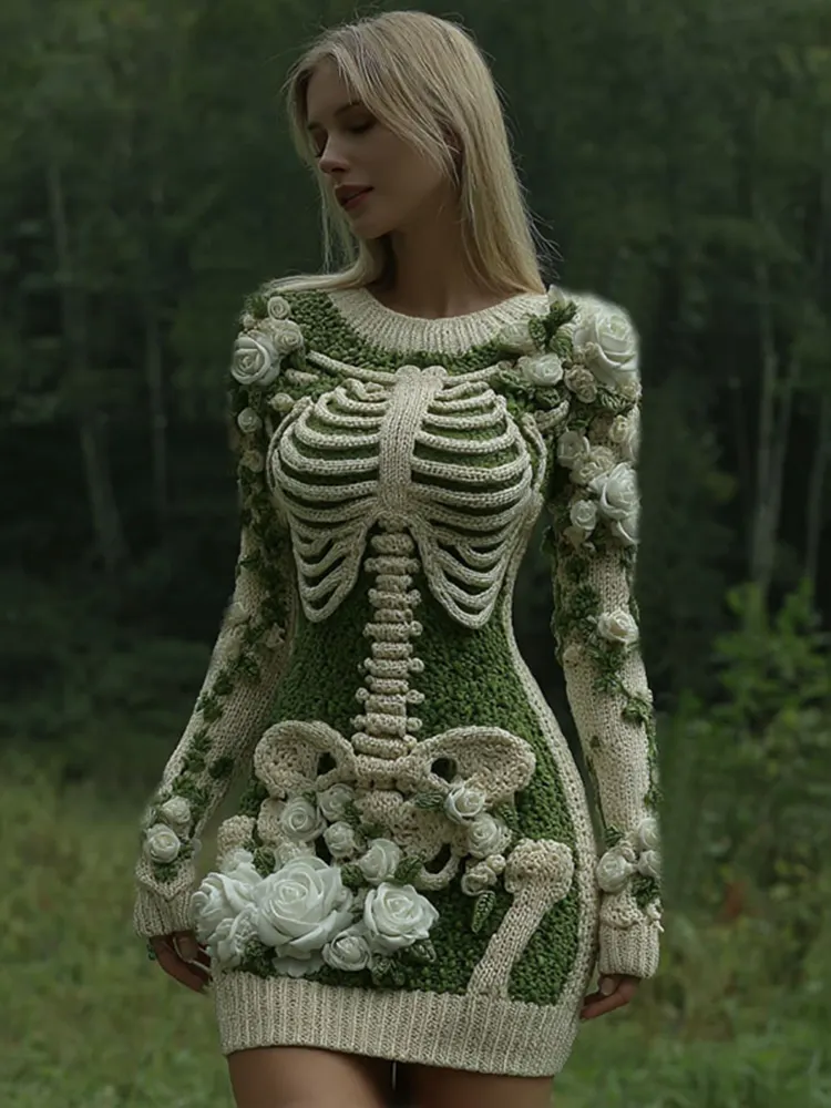 Women's Vintage Skeleton With White Rose Art Cozy Sweater Dress