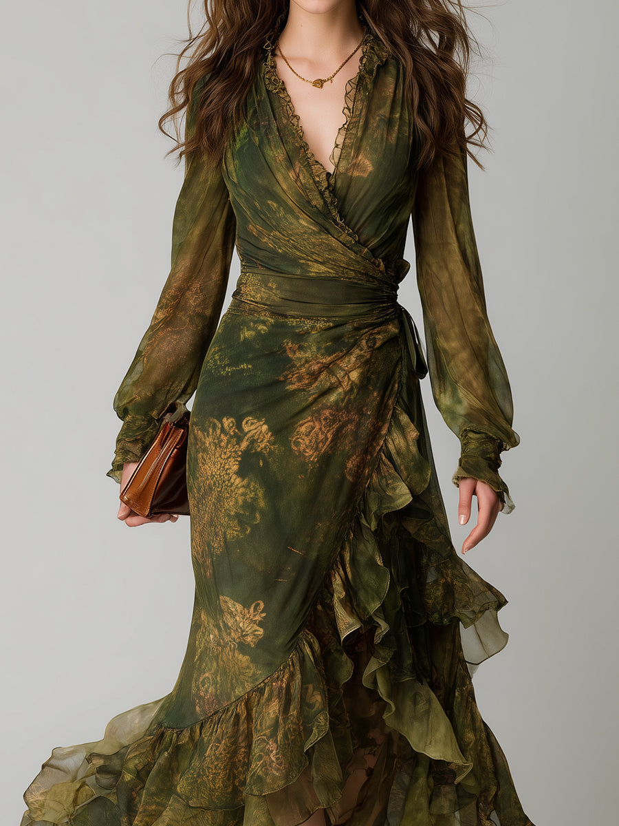 Bohemian Holiday Print Irregular Ruffled Hem Chiffon Maxi Dress