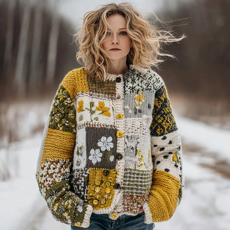 Women's Floral Heart Patchwork Button Warm Cardigan Sweater