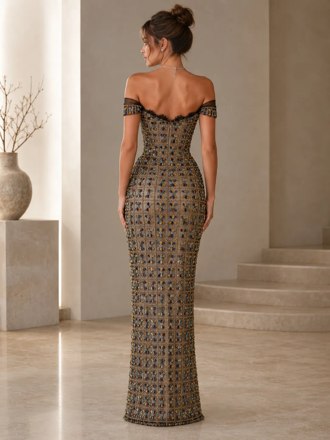 Off-Shoulder Embellished Mermaid Maxi Dress