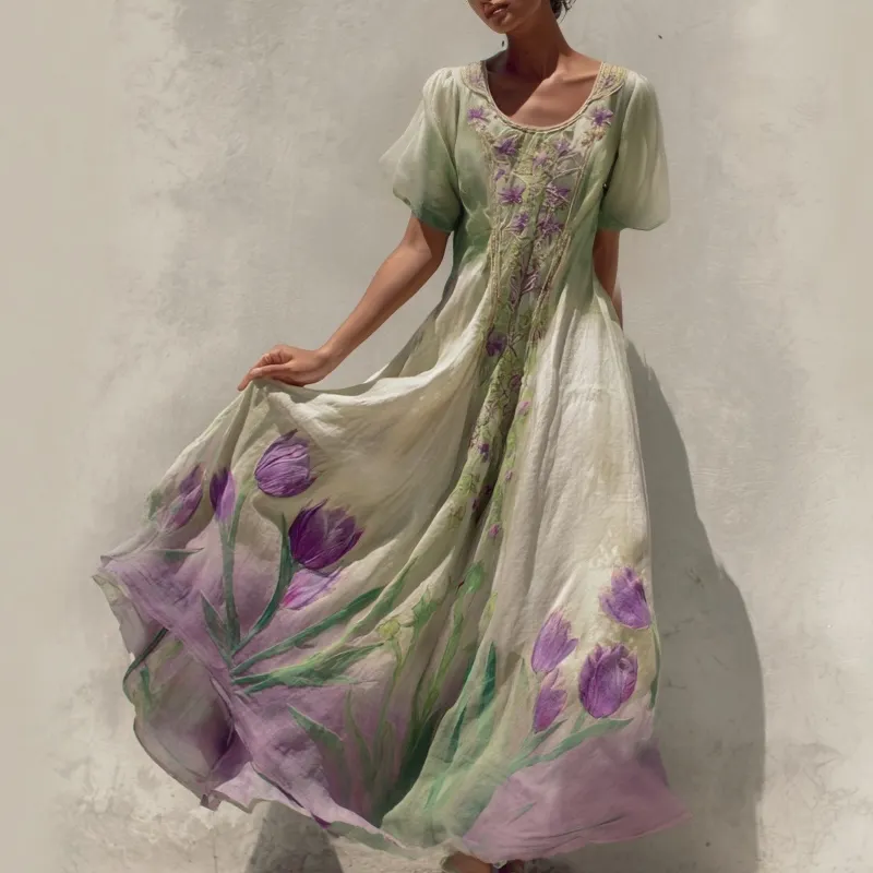 Vintage Purple Tulips Pattern Gradient Linen Maxi Dress