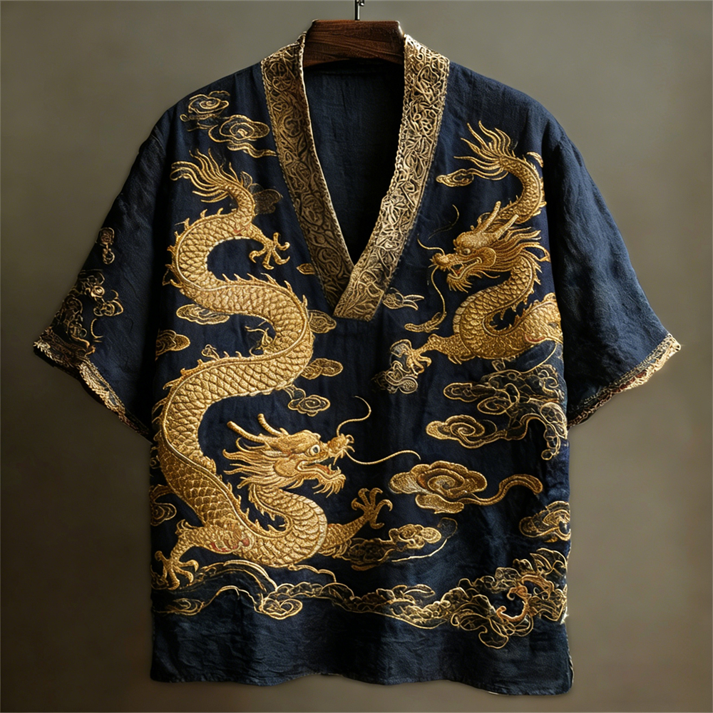 Japanese Dragon Totem Art Linen V-neck Shirt