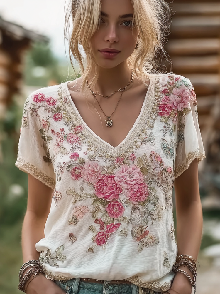 Bohemian Style Floral And Butterfly Pattern Women's T-shirt