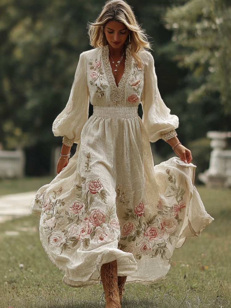 Women's Retro Bohemian Art Floral V-neck Long-sleeved Dress.