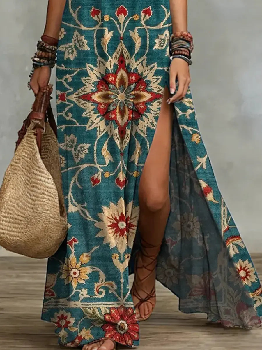 Ethnic Print Sleeveless Maxi Dress