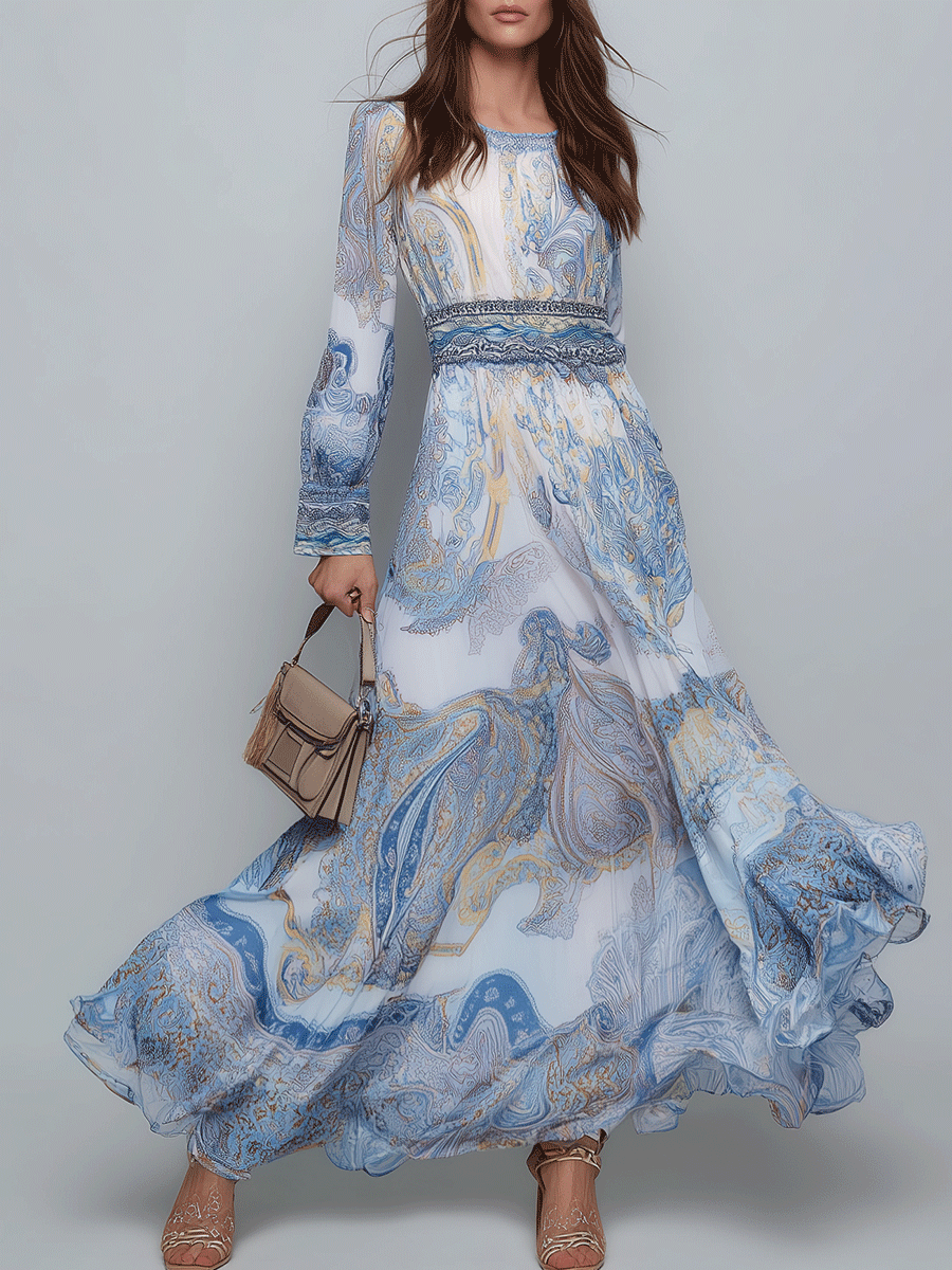 Bohemian Elegant Soft Blue Paisley Maxi Dress