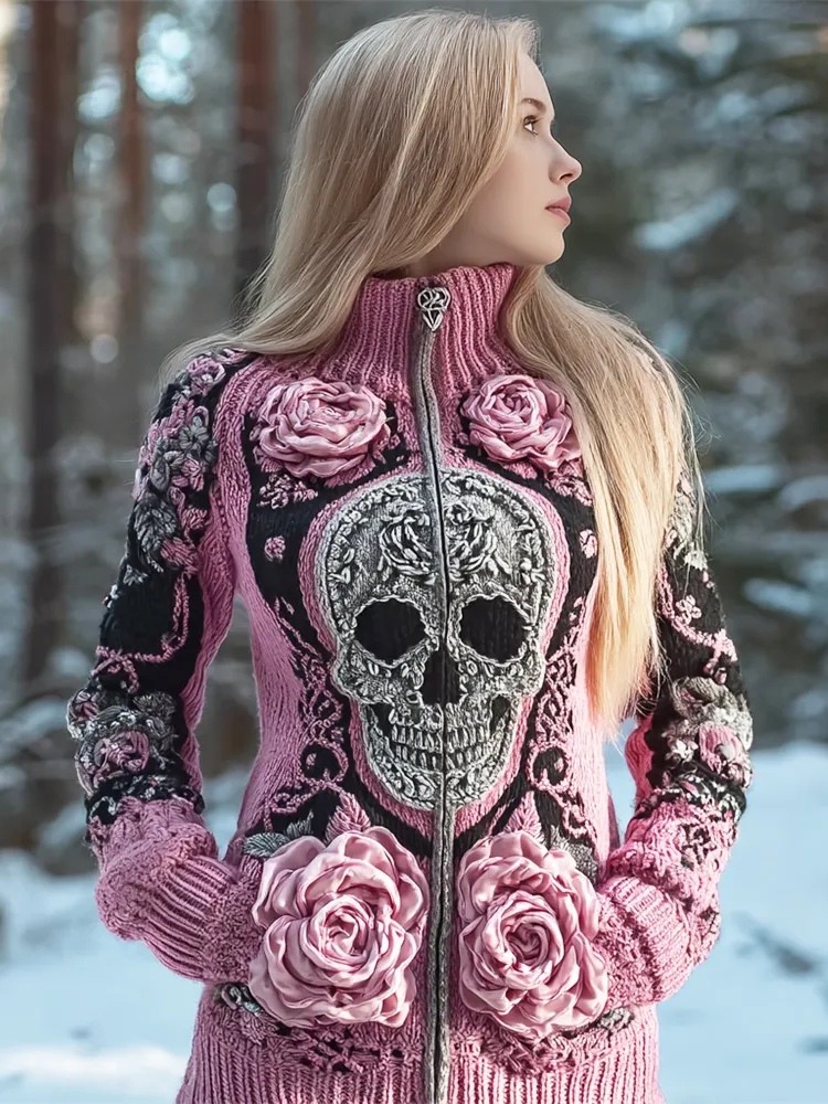 Skull & 3d Floral Art Women's Chunky Knit Zipper Sweater