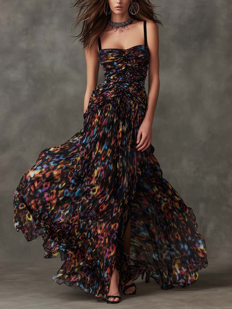 Multicolor Abstract Chiffon Pleated Maxi Dress