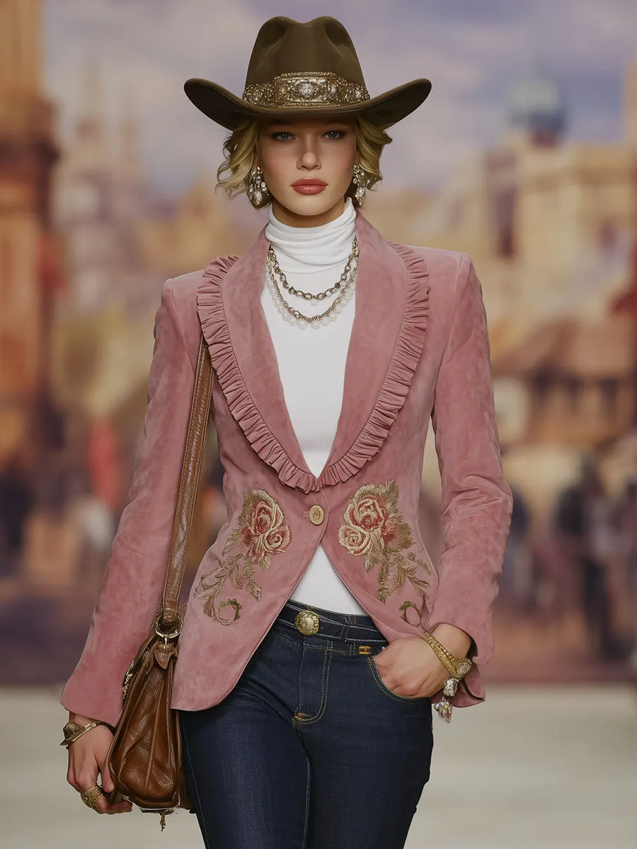 Retro-style Lapel Ruffled Floral Embroidery Faux Suede Blazer