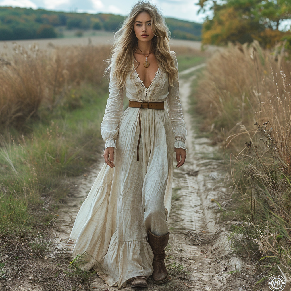 Vintage V-neck Bohemian Pastoral Style Long-Sleeve Maxi Dress