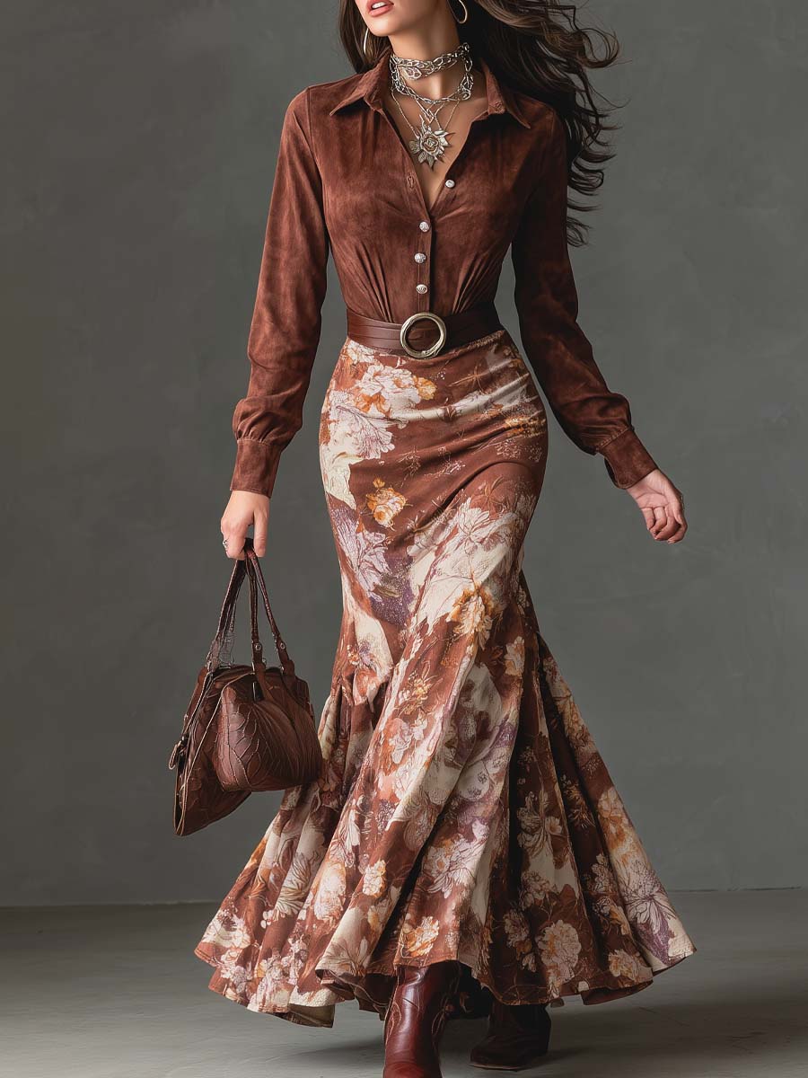 Vintage Floral Flare Hem Polyester Suede Maxi Dress