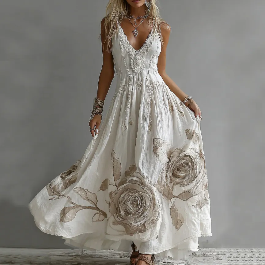 Women's Rose Embroidery Art V-neck Suspender Maxi Dress