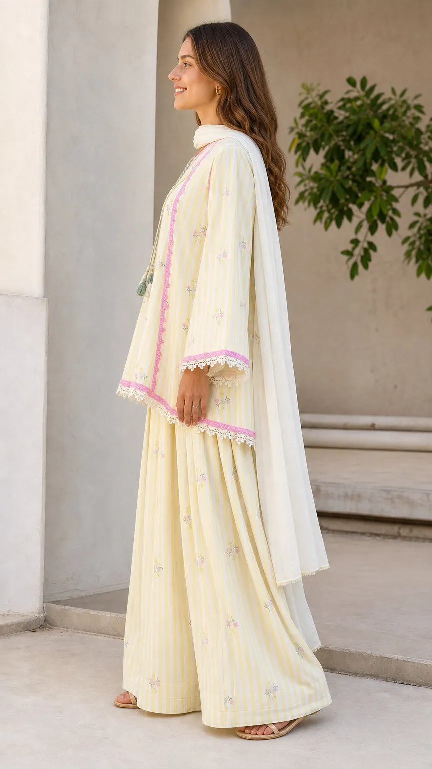 Ethnic Striped Kurti with Sharara and Dupatta Set