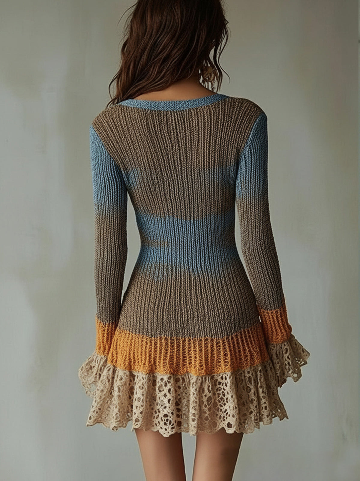 Multicolor Knit Mini Dress With Lace Ruffle Trim