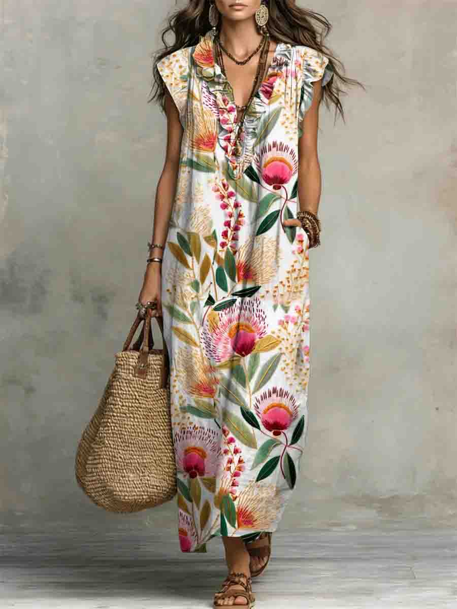 Floral Print V-Neck Ruffle-Trim Maxi Dress