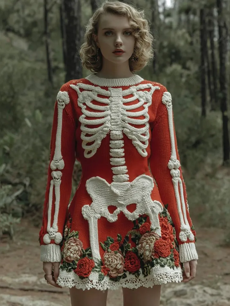 Women's Vintage Halloween Skeleton Bones Rose Comfortable Elegant Sweater Dress