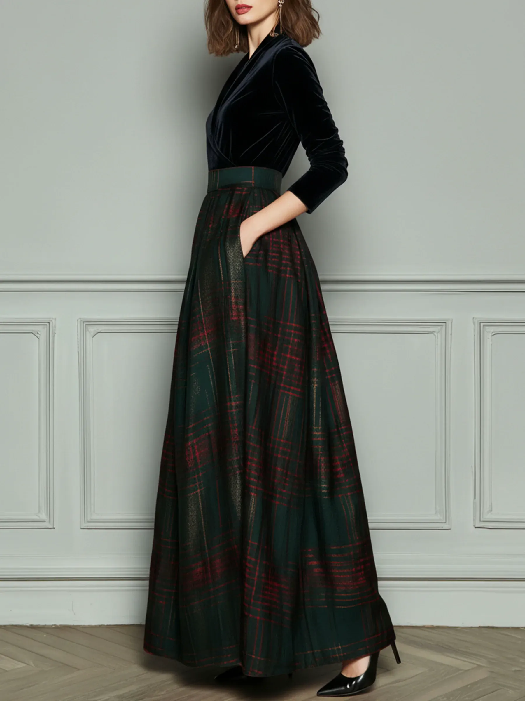 Black V-neck Velvet Green Plaid Patchwork Maxi Dress
