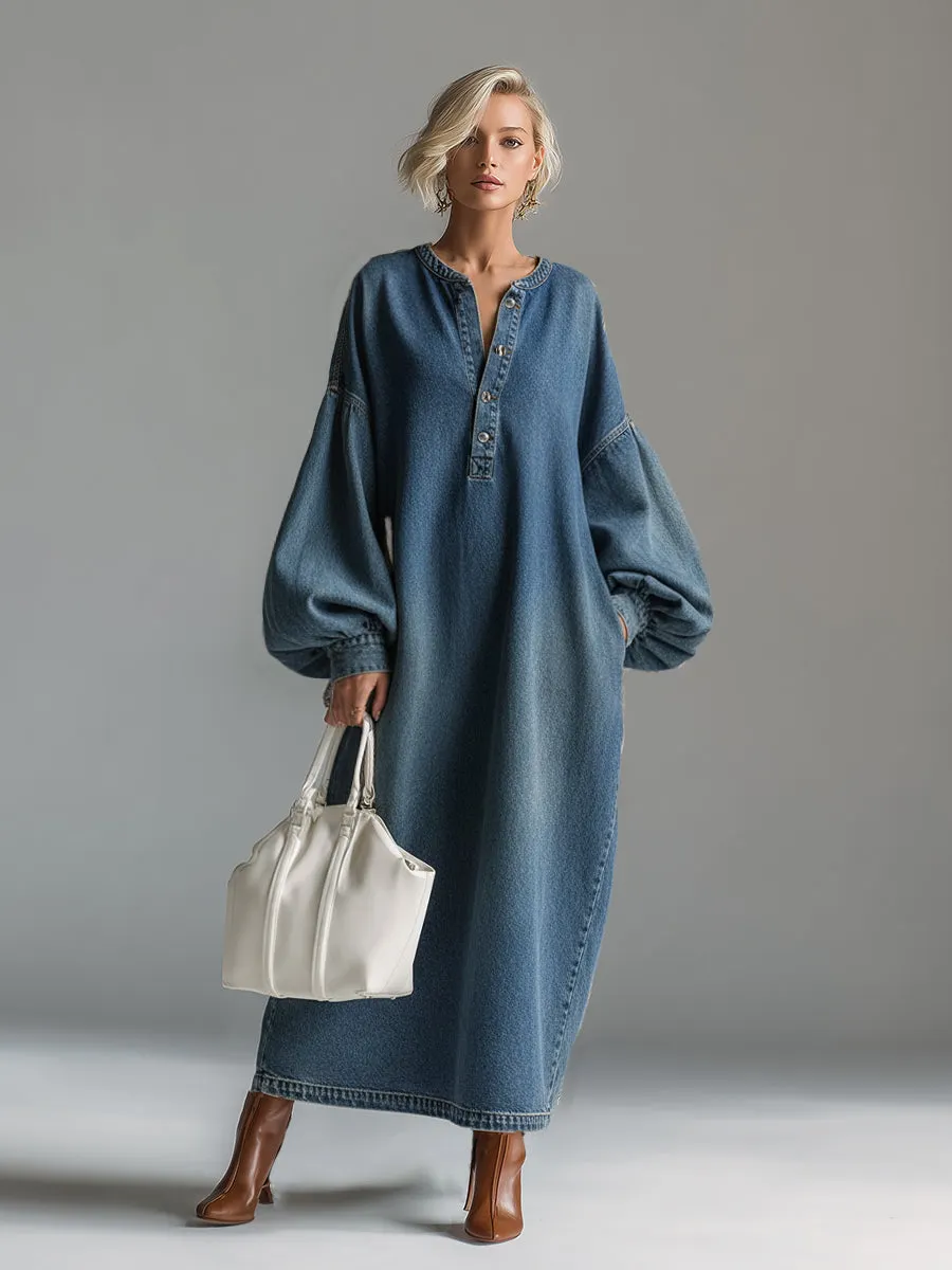 Elegant Urban-style Blue Denim Button-down Maxi Dress