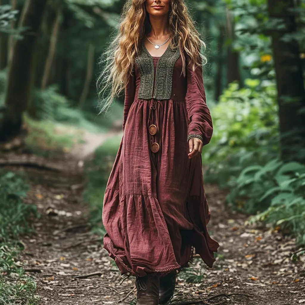 Linen Bohemian Long-sleeve Casual Maxi Dress