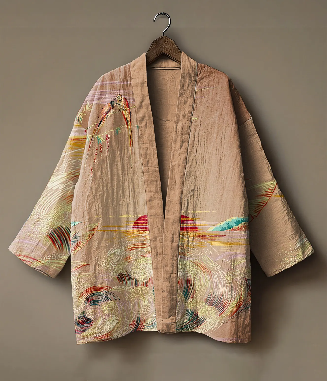 Abstract print embroidered linen cardigan kimono