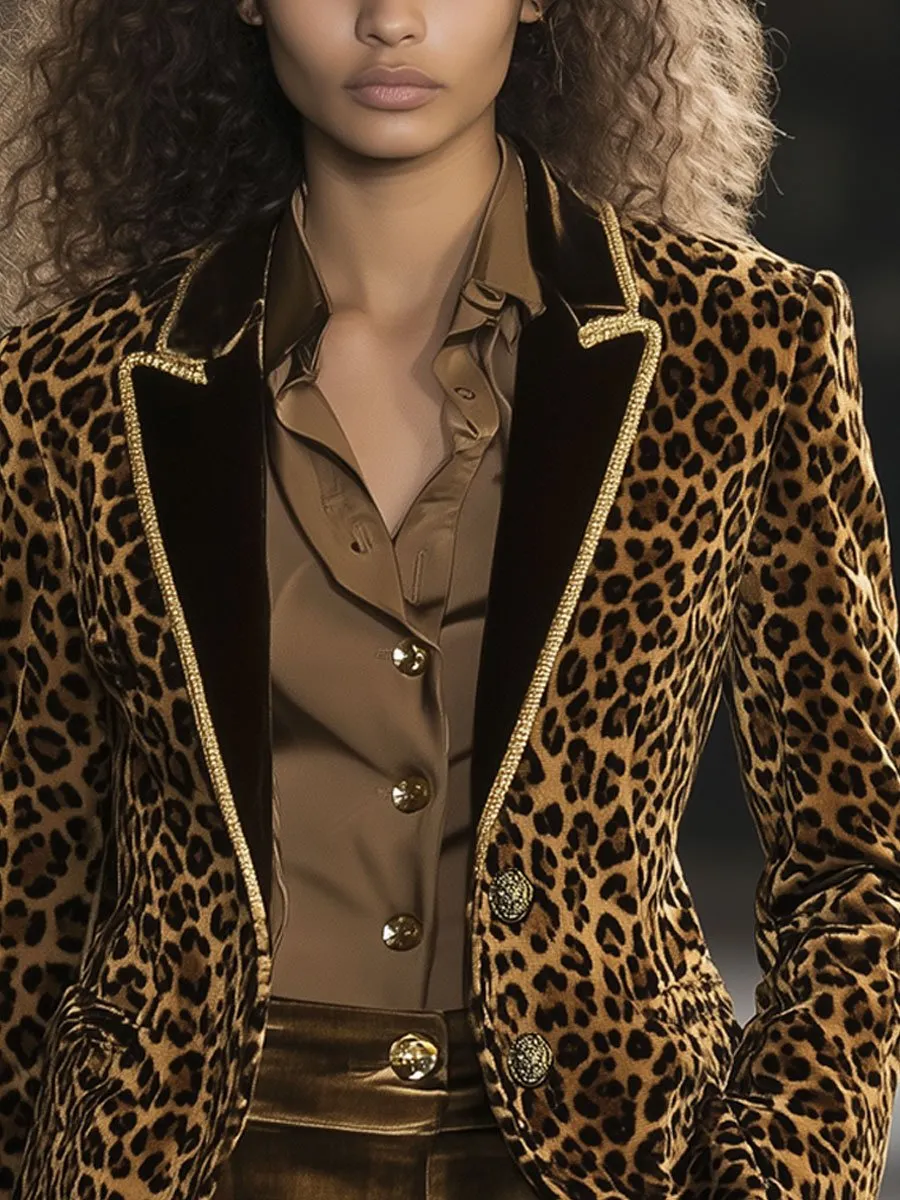 Casual Fashion Velvet Leopard Print Contrast Lapel Gold Edge Blazer