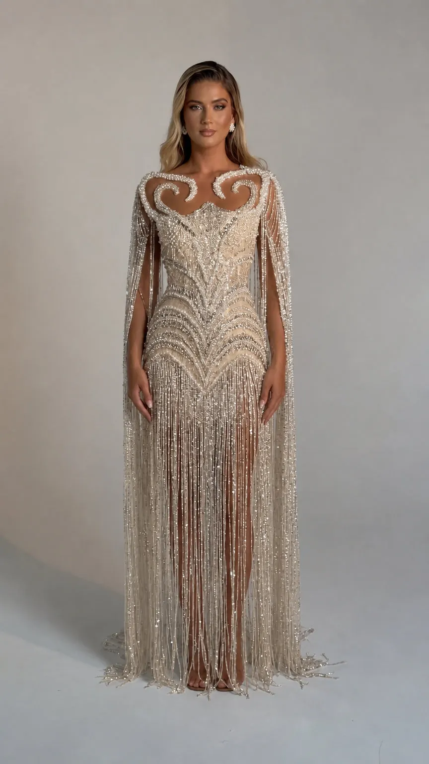 Luminous Fringe Cape Evening Gown