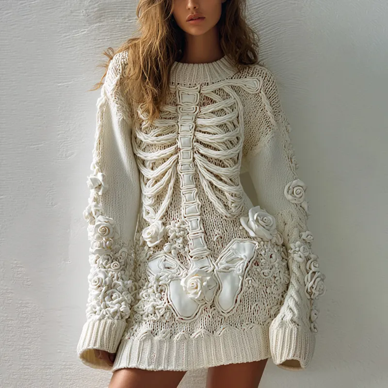 Women's Hot Sexy Style Halloween Skeleton Bones Leather With Rose Pattern Art Cozy Knit Mini Sweater Dress