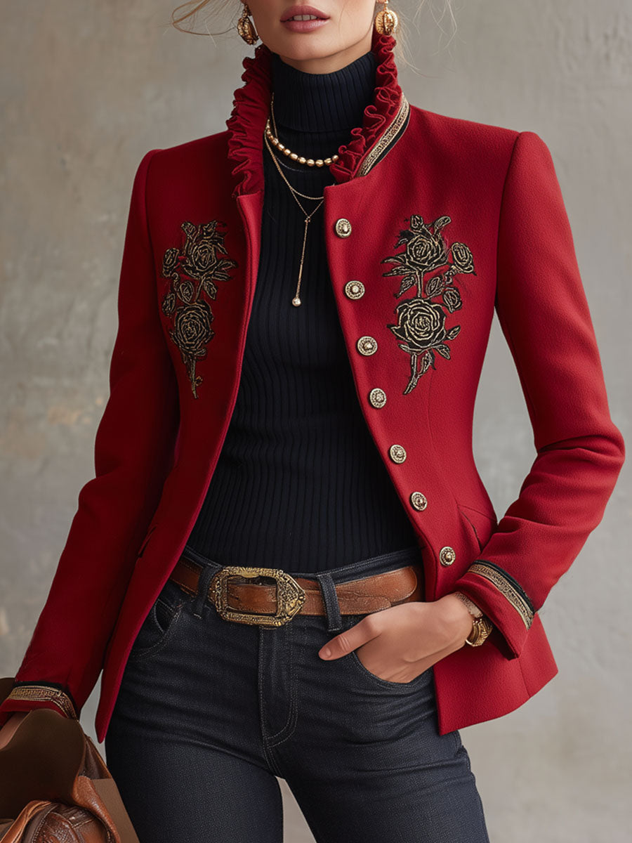 Ruffled Stand-up Collar Single-breasted Rose Embroidered Woolen Jacket