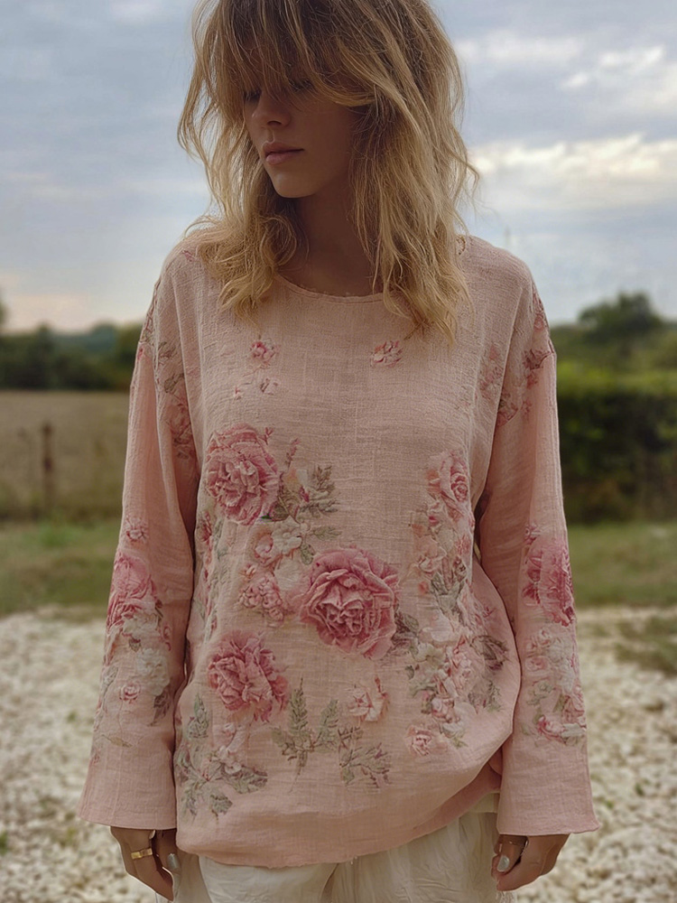 Vintage Boho Roses Pattern Round Neck Cozy Linen Tunic