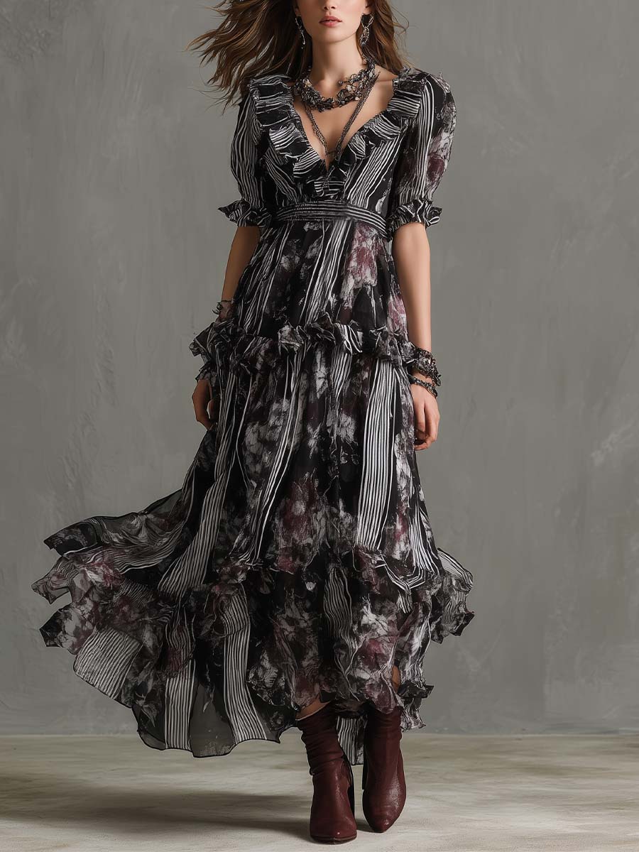 Dark Floral Pinstripe Ruffle Maxi Dress