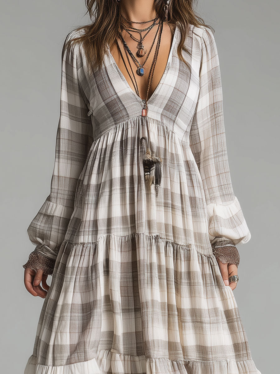 Classic Retro Plaid Lace Splicing Maxi Dress
