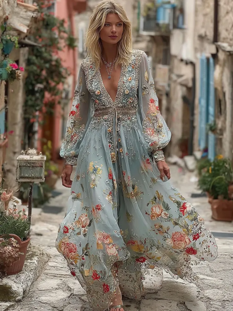 Women's Vintage Floral Art V-neck Casual Long Sleeve Maxi Dress