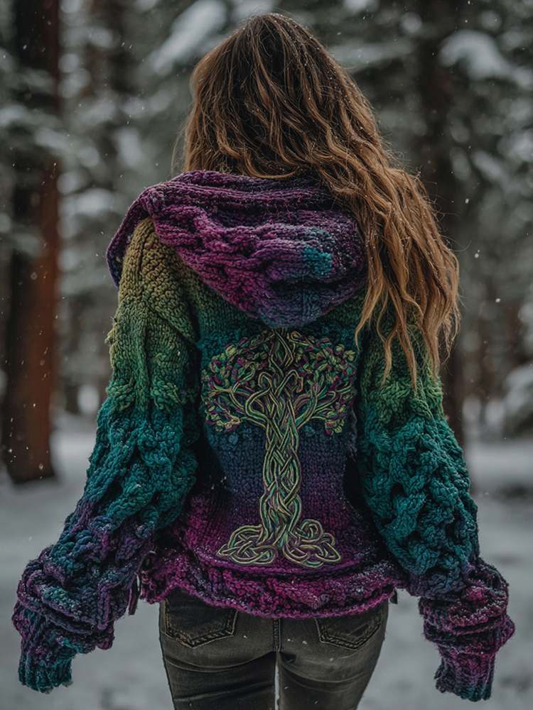 Women's Vintage Viking Tree Of Life Gradient Knit Zip-up Hooded Sweater