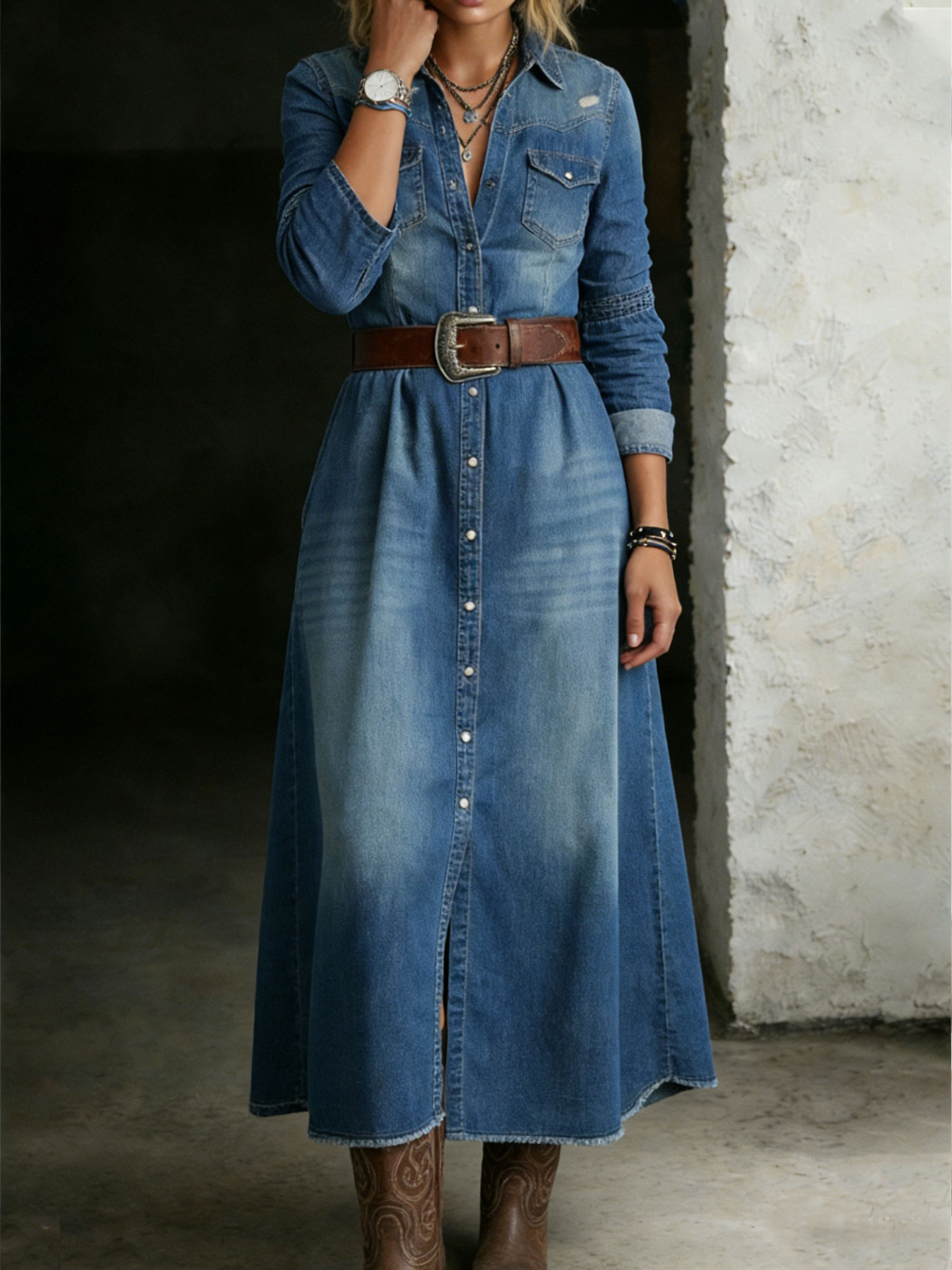 Long-Sleeve Casual Denim Dress