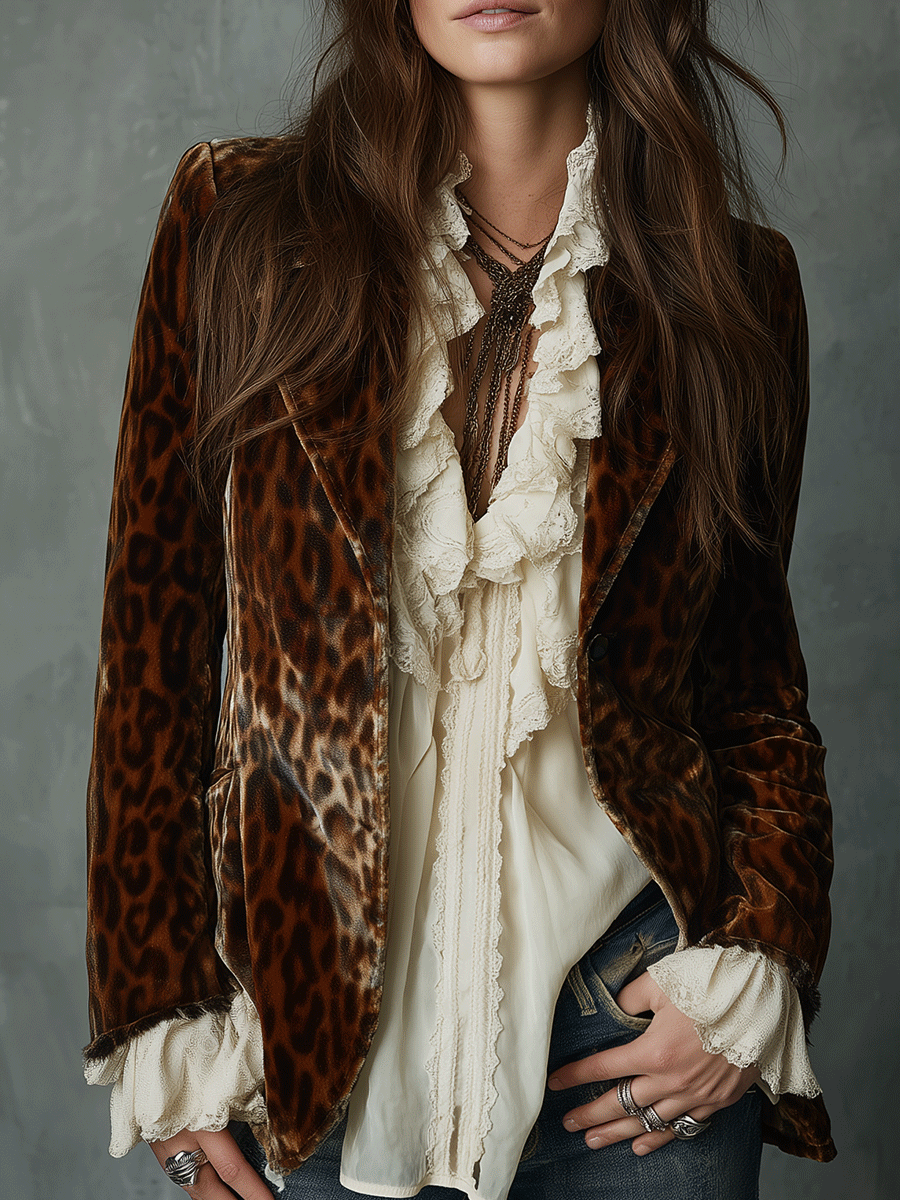 Retro Leopard Pattern Boho Charm Velvet Blazer