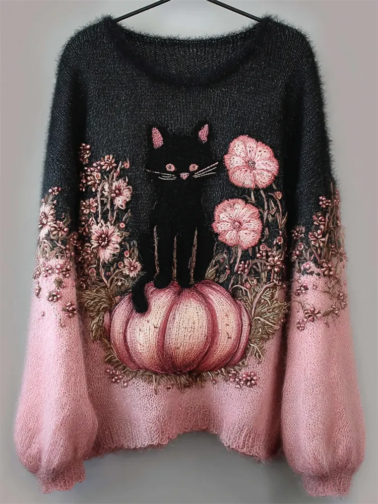 Black Cat & Pink Pumpkin Floral Embroidered Contrast Fuzzy Cozy Sweater