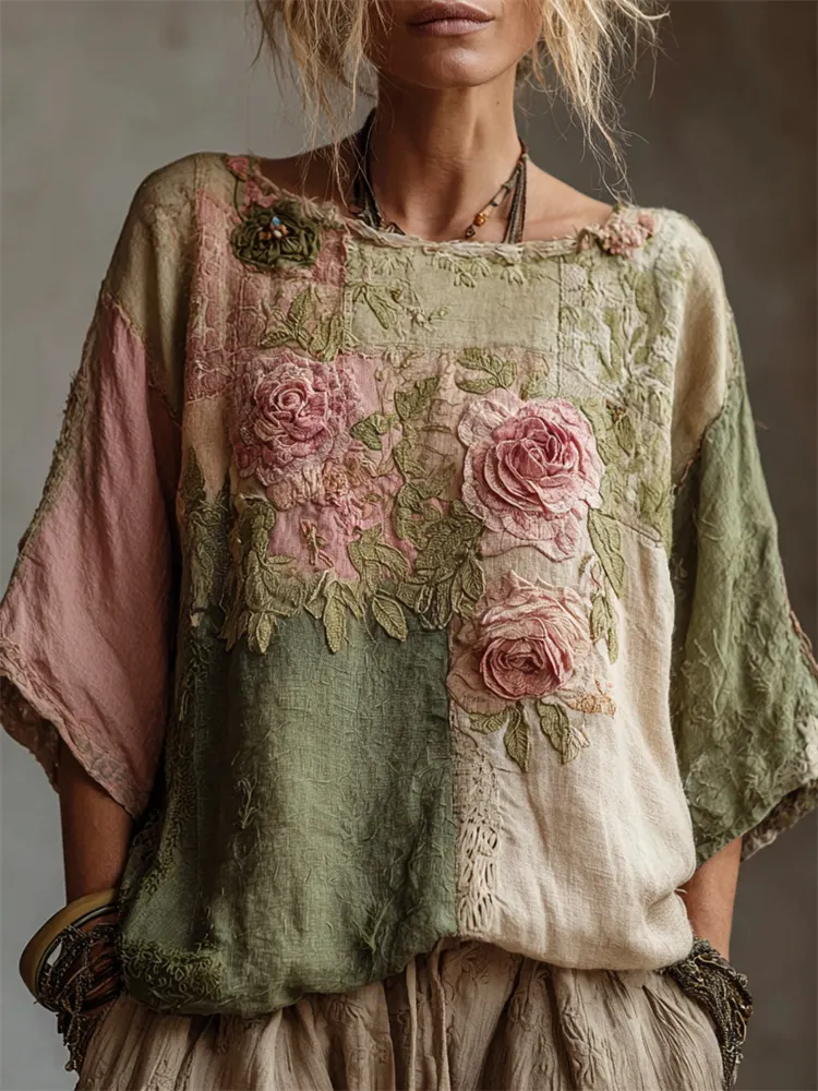 Vintage Pink Roses Embroidered Patchwork Linen Shirt