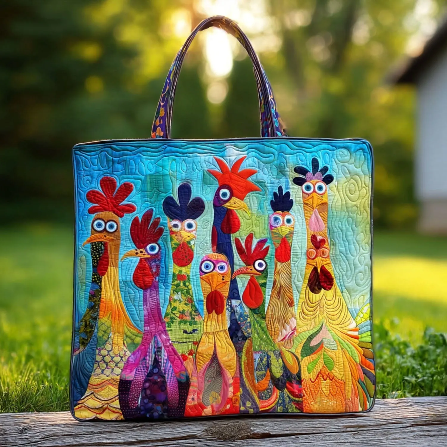 Chicken Vibrant Village Quilted Tote Bag