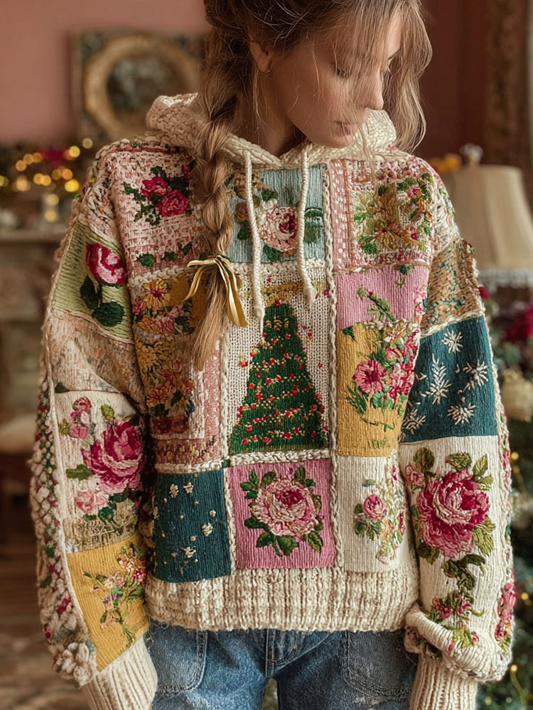 Women's Christmas Tree And Floral Pattern Knitted Hooded Sweater