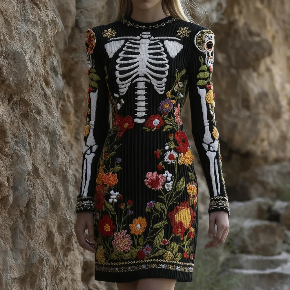 Women's Vintage Halloween Skeleton Bones And Flower Comfortable Elegant Sweater Dress