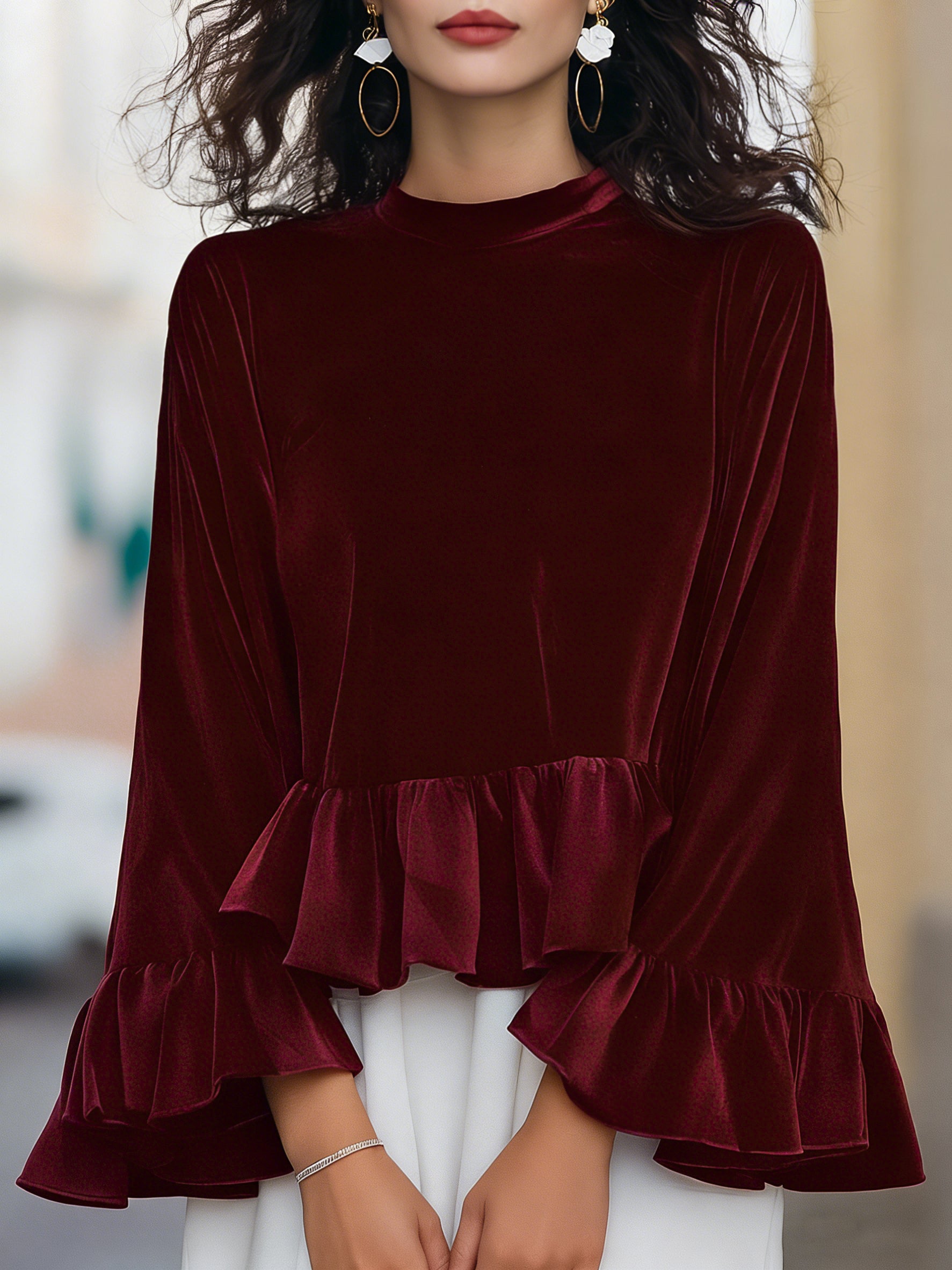 Round Neck Velvet Ruffle-Trim Blouse