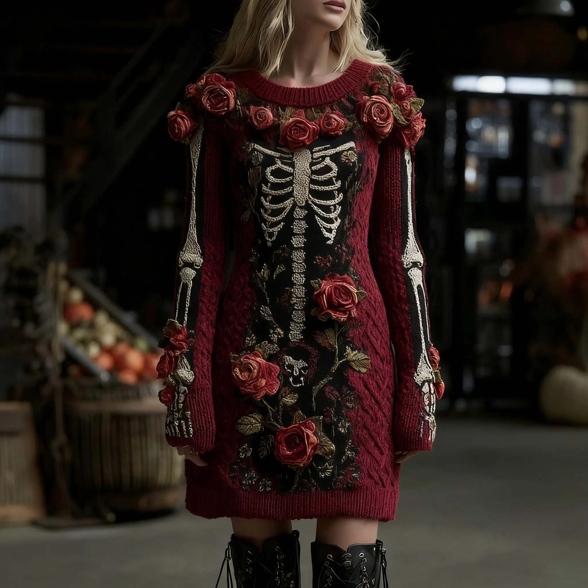 Women's Vintage Halloween Skull With Rose Art Cozy Knit Mini Sweater Dress