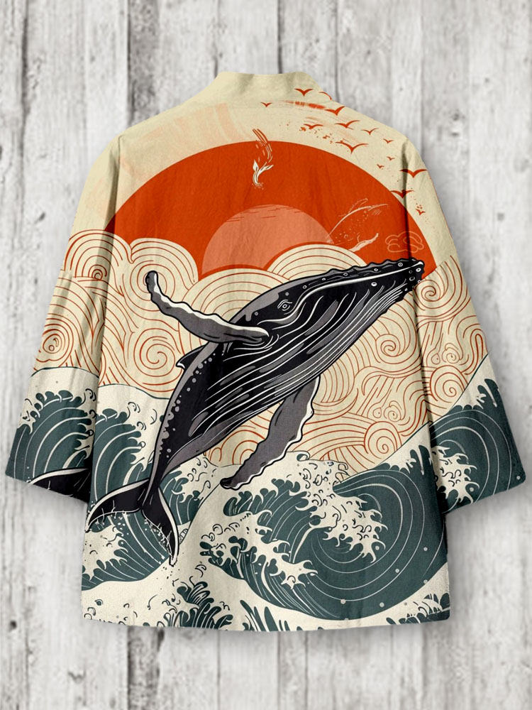 Whale Sunrise Japanese Art Linen Blend Kimono Cardigan