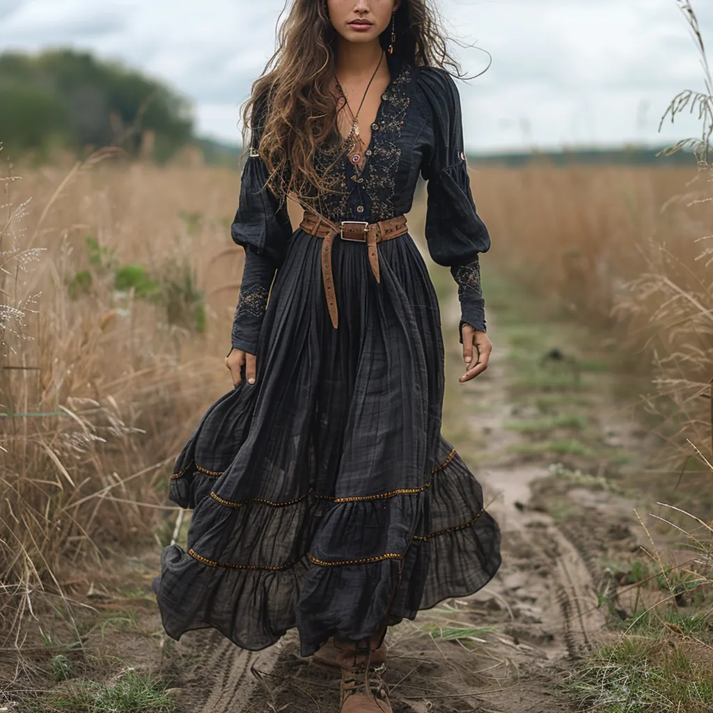 Vintage V-neck Floral Bohemian Pastoral Style Long-Sleeve Maxi Dress