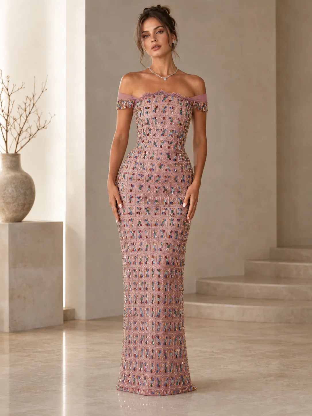 Off-Shoulder Embellished Mermaid Maxi Dress