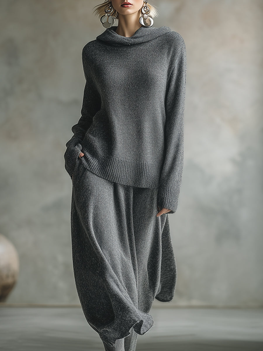 Elegant Minimalist Gray Hooded Sweater Skirt Set
