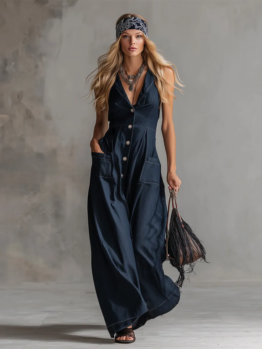 Elegant Urban Navy Blue Tencel Denim Sleeveless Maxi Dress