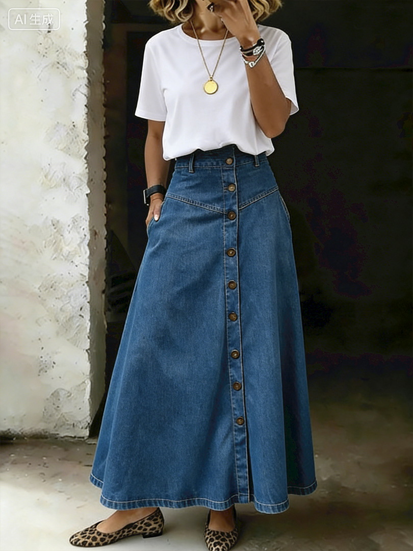 High-waisted Button-front A-line Denim Maxi Skirt
