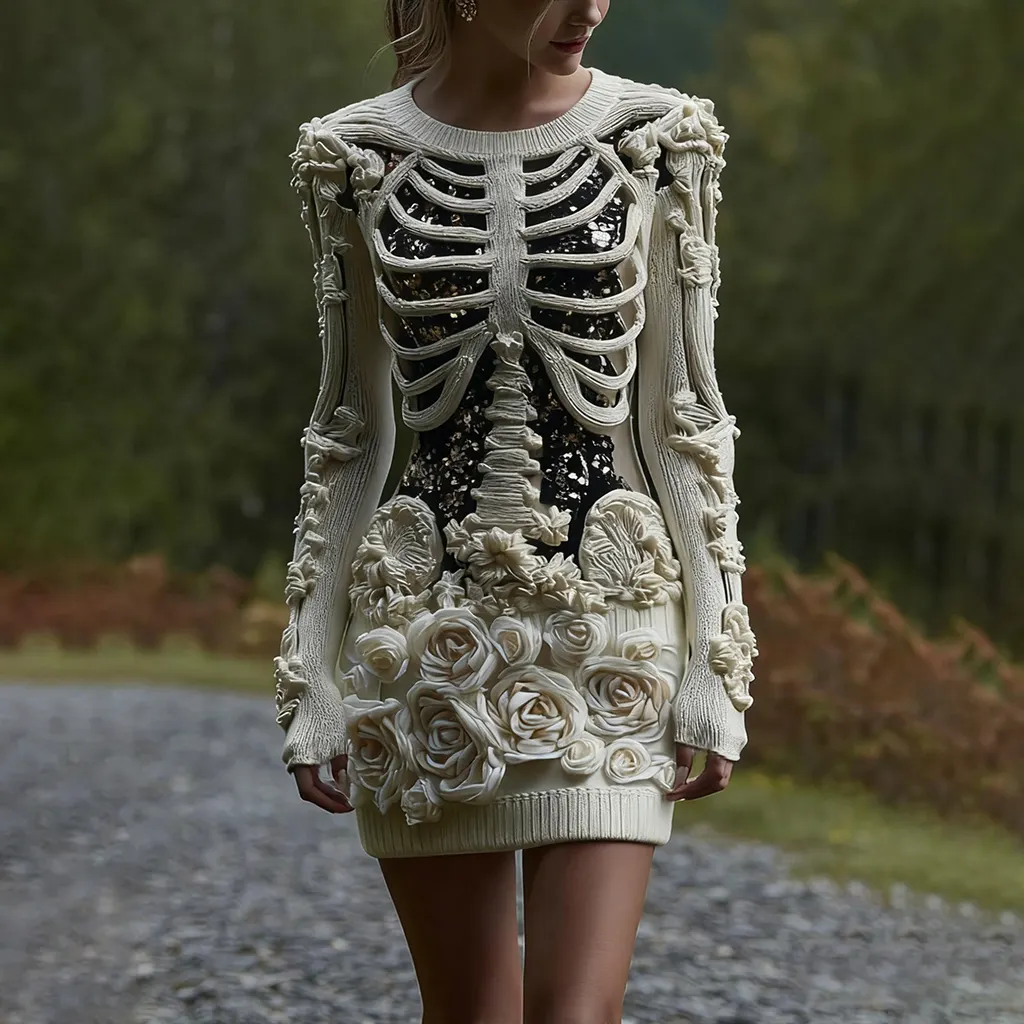 Women's Vintage Halloween Skeleton Bones With Glitter And Rose Art Cozy Knit Mini Sweater Dress
