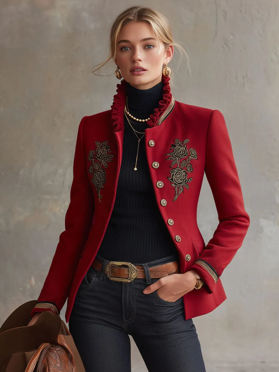Ruffled Stand-up Collar Single-breasted Rose Embroidered Woolen Jacket